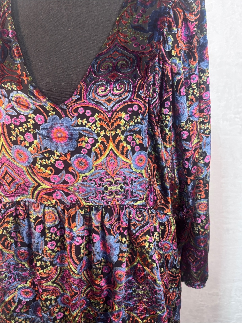 Anthropologie Mona Burnout Velvet Mini Dress Black Floral Boho Puff Sleeve L - Picture 5 of 13